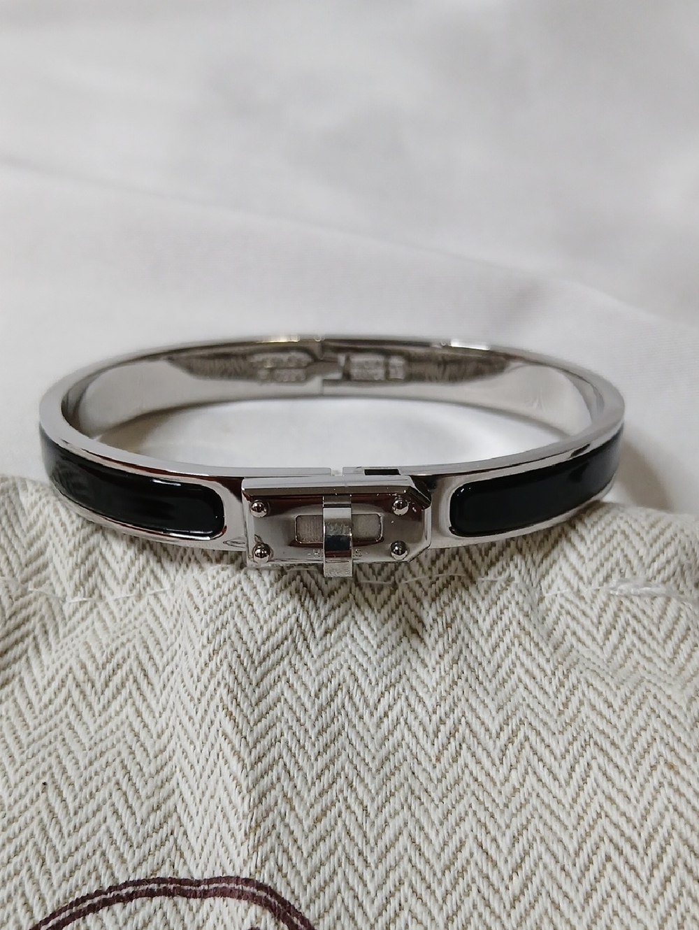 Hermes Silver-Tone Bracelet with Black Enamel